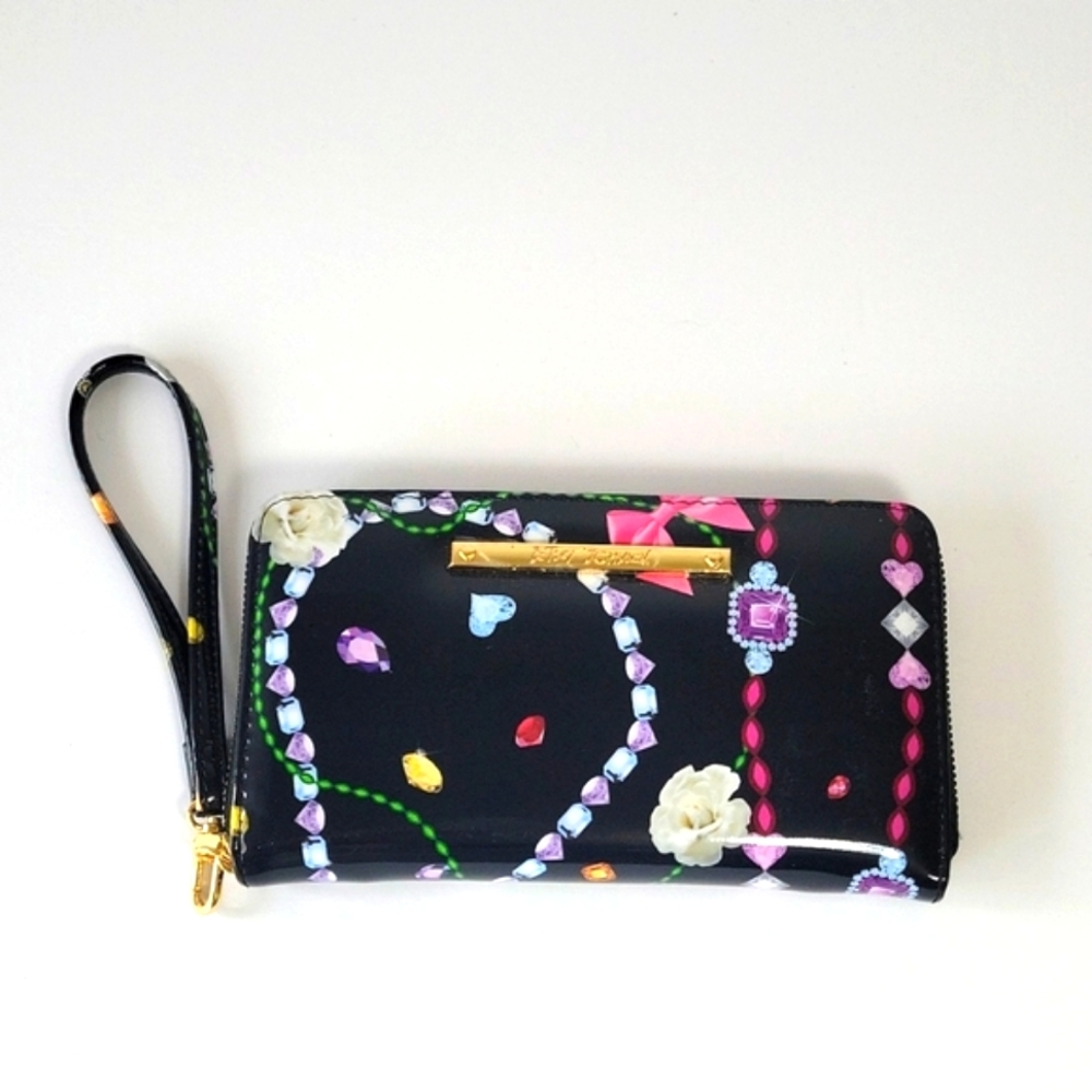 Betsey Johnson multicolor  Jewel print  black faux patent leather wallet… - Picture 2 of 9